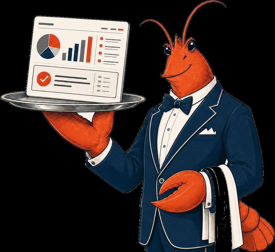 A lobster in a waiter's jacket presenting a product analysis dashboard on a silver platter