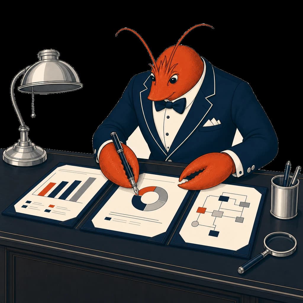 A lobster at its desk working through three folios of analysis