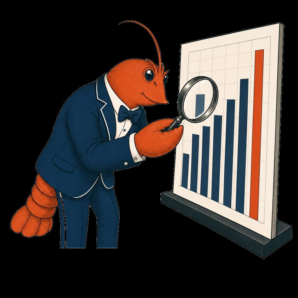 A lobster examining a bar chart through a magnifying glass