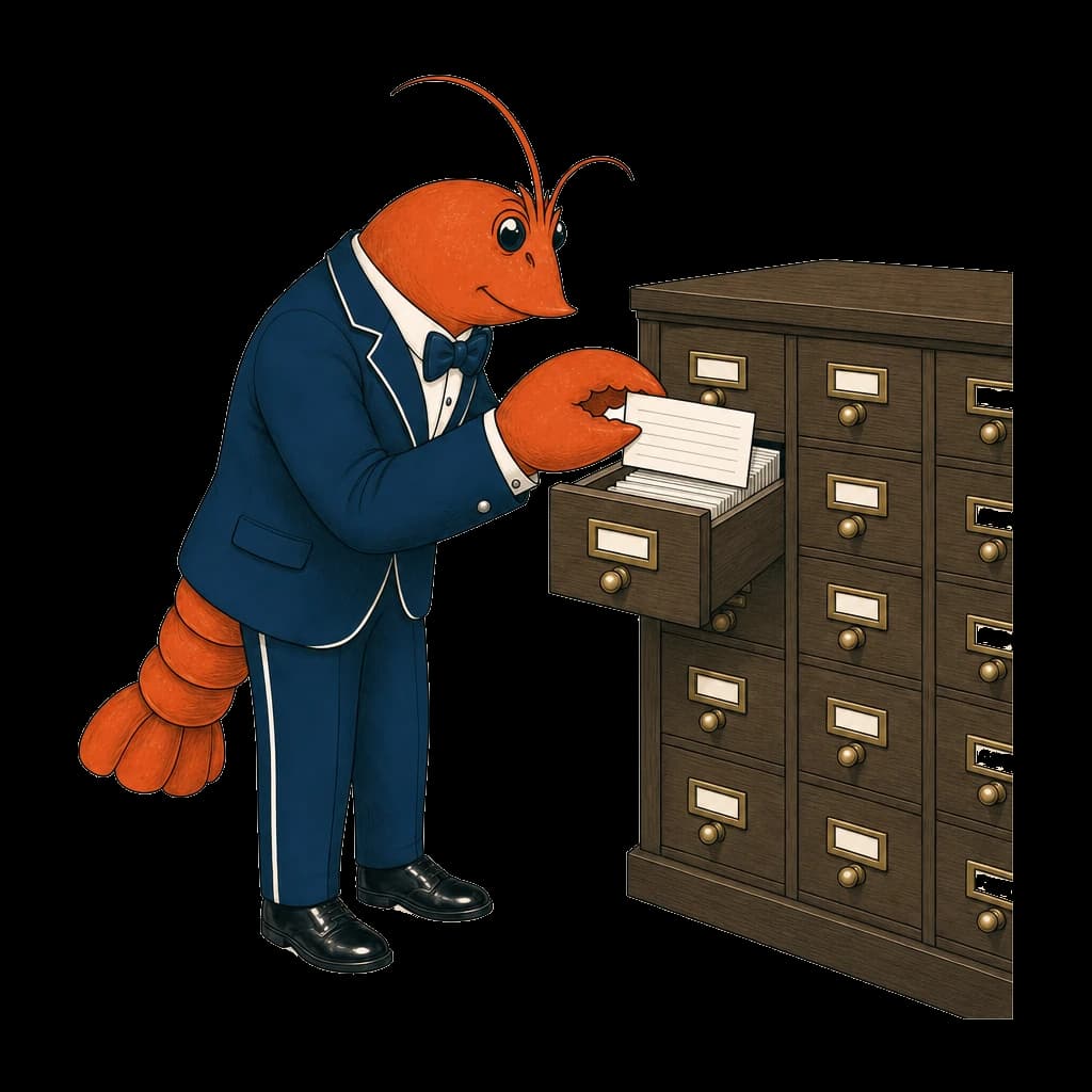 A lobster filing notes into a card catalog