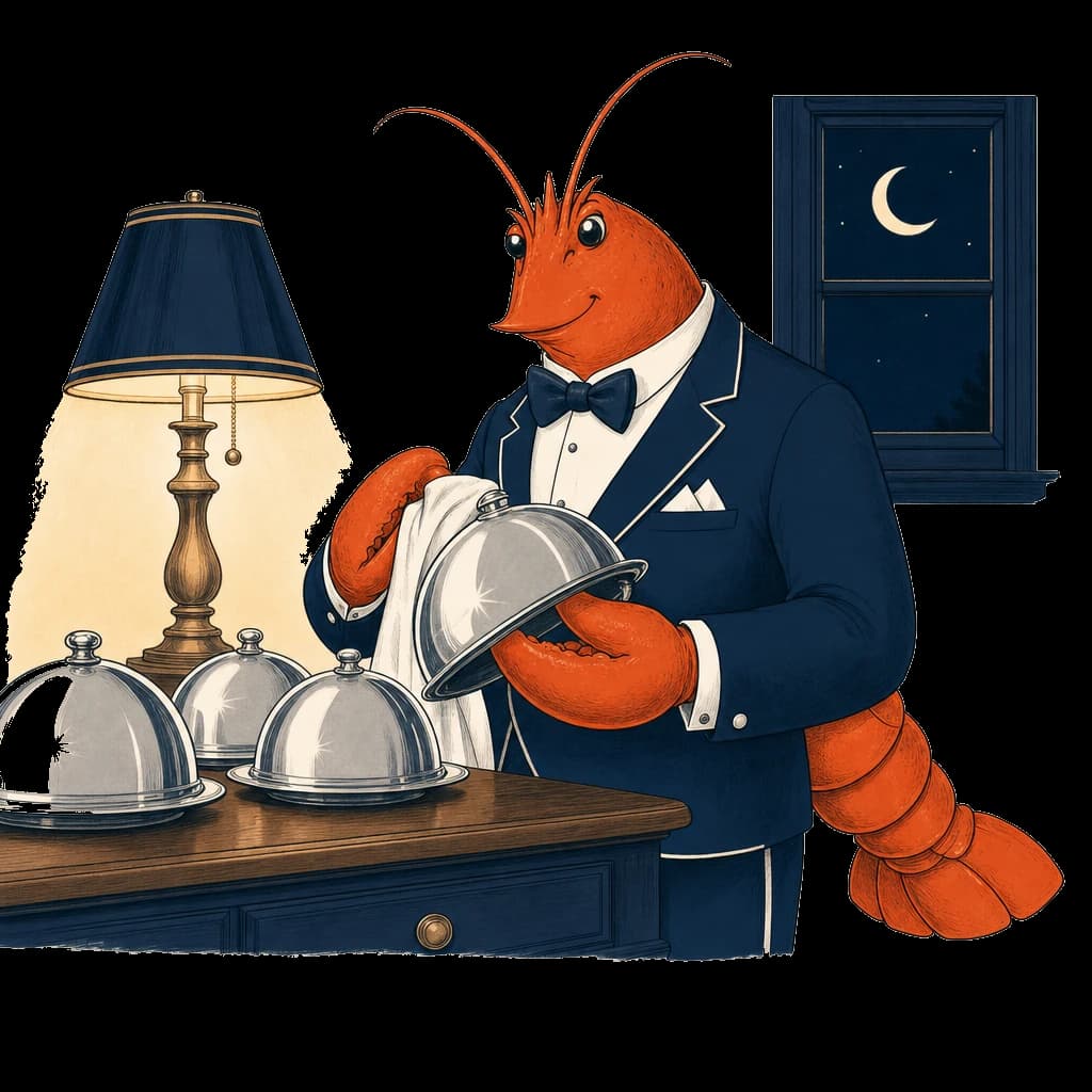 A lobster polishing silver by lamplight beneath a crescent moon