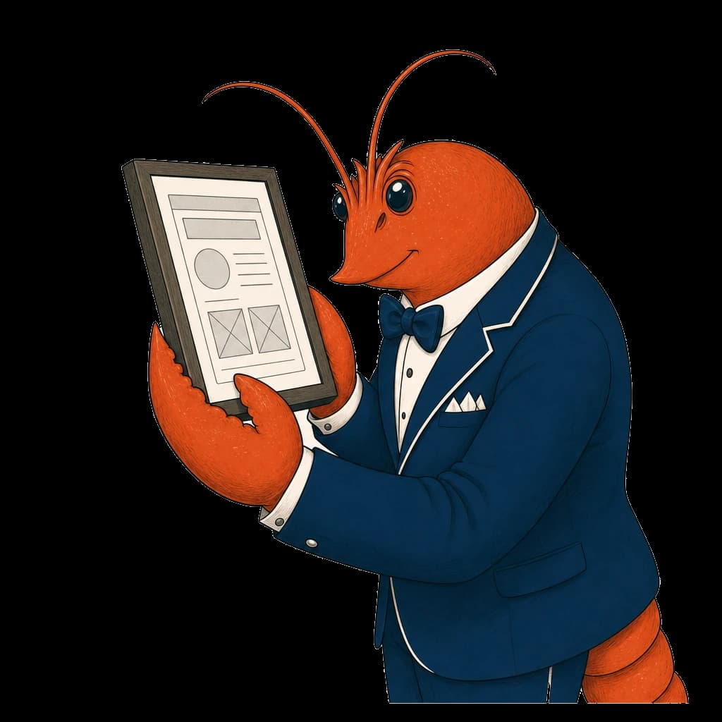 A lobster presenting a framed product wireframe