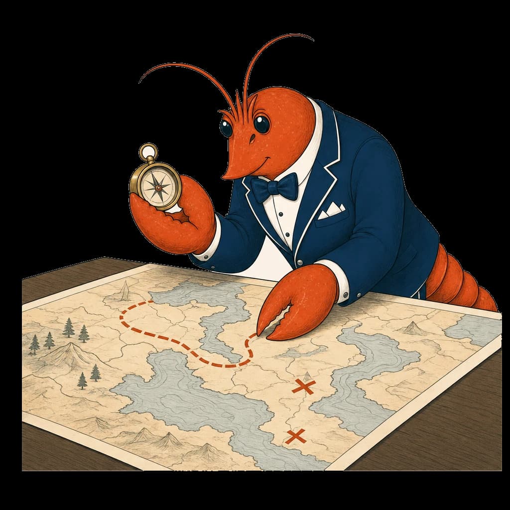 A lobster reading a compass and map to chart a course
